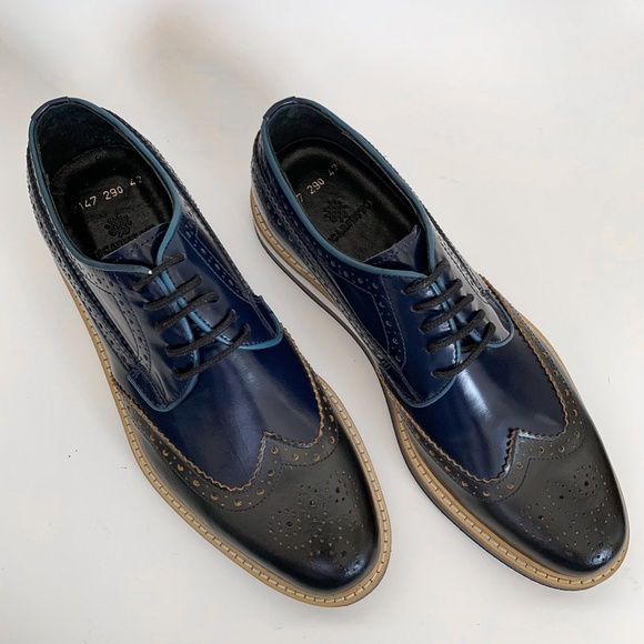 Navy Blue Wingtip Derby Leather Dress Shoe - Picture 4 of 7